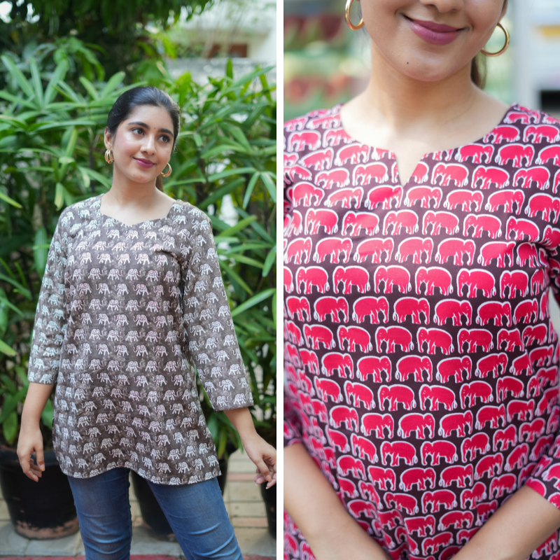 Short Kurti with 3/4th Sleeves & Comfort Fit ( Elephant Design)