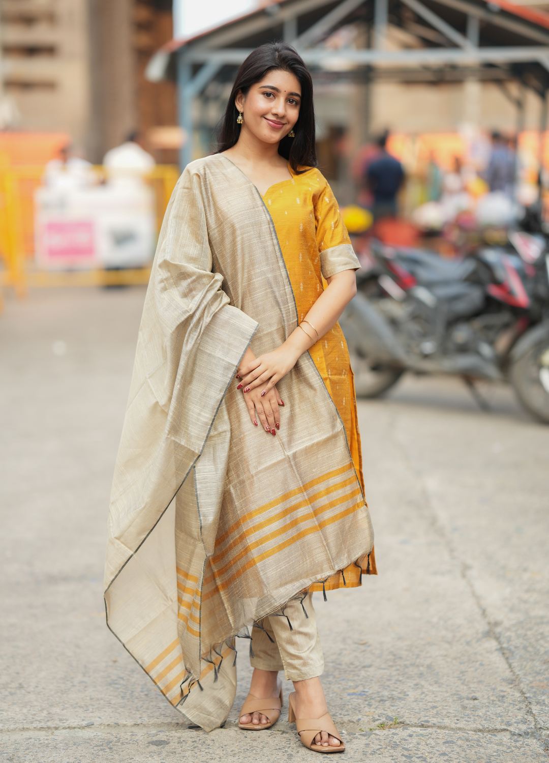 Mustard Yellow Raw Silk Kurti with Gold Motifs
