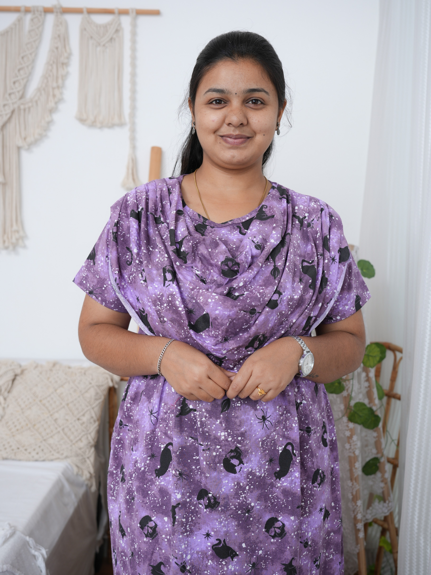Zipless Feeding Maternity Gown with Attached Dupatta | Lavender Purple