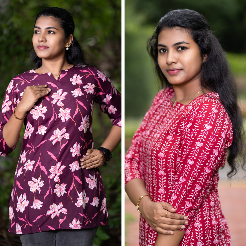 Short Kurti with 3/4th Sleeves & Comfort Fit (Wine & Deep Red)