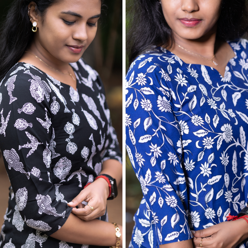 Short Kurti with 3/4th Sleeves & Comfort Fit (Black & Blue)