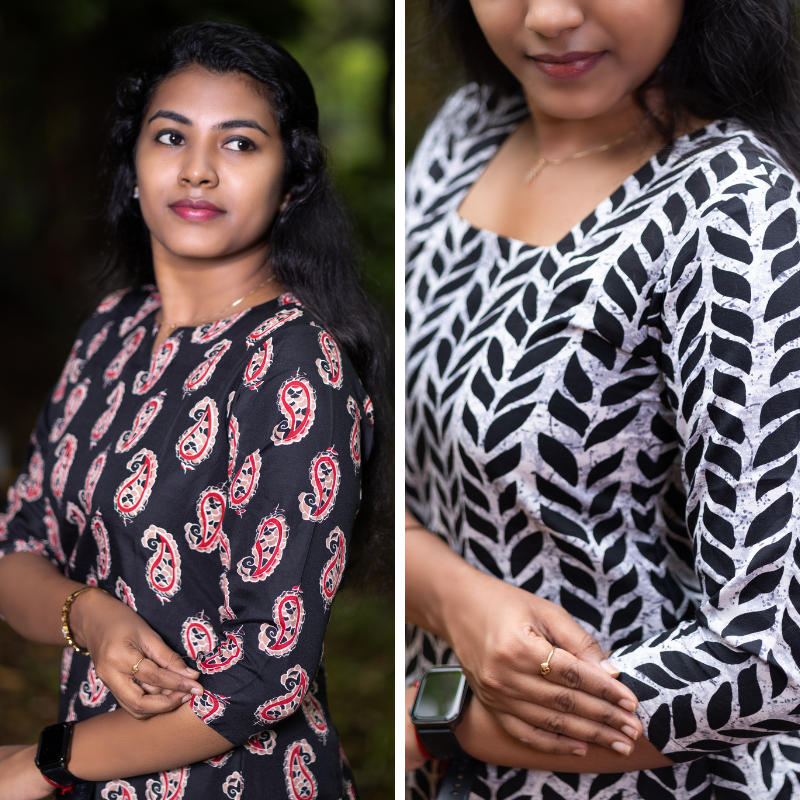 Short Kurti with 3/4th Sleeves & Comfort Fit (Black & White) v2