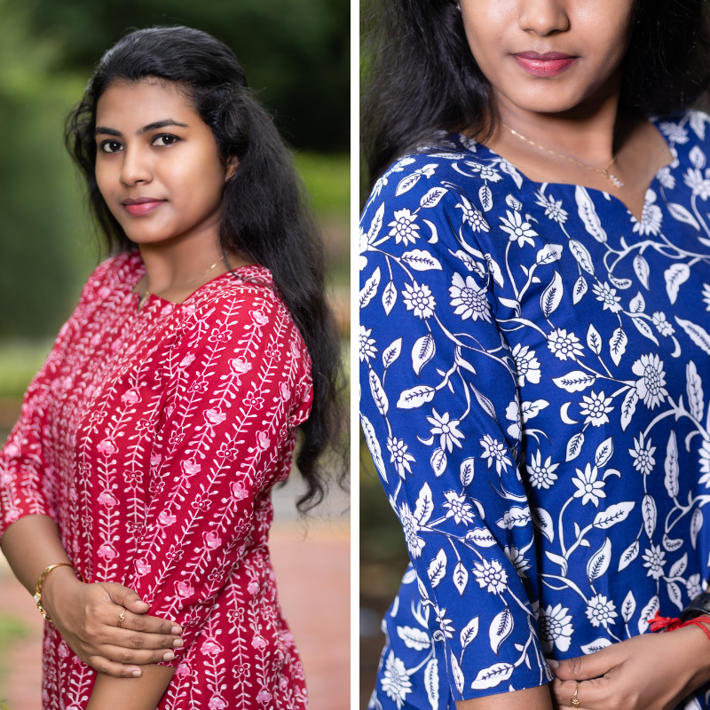 Short Kurti with 3/4th Sleeves & Comfort Fit (Deep Red & Blue)