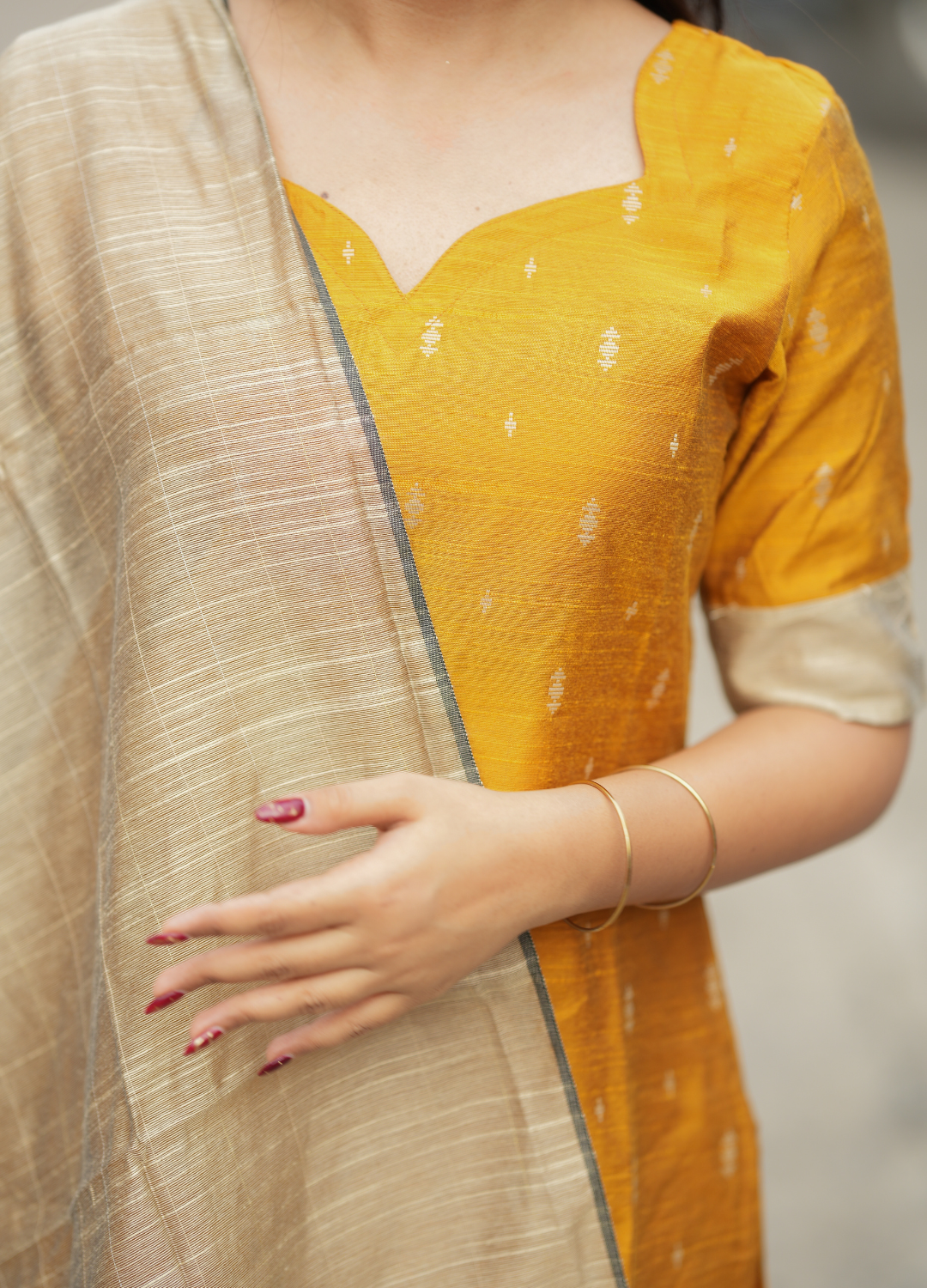 Mustard Yellow Raw Silk Kurti with Gold Motifs