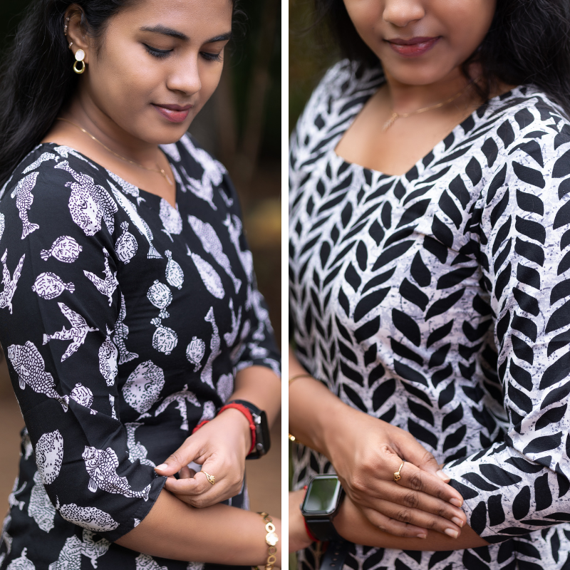 Short Kurti with 3/4th Sleeves & Comfort Fit (Black & White)