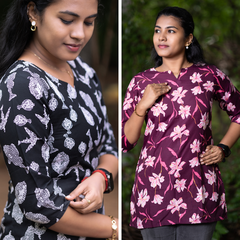 Short Kurti with 3/4th Sleeves & Comfort Fit (Black & Wine)