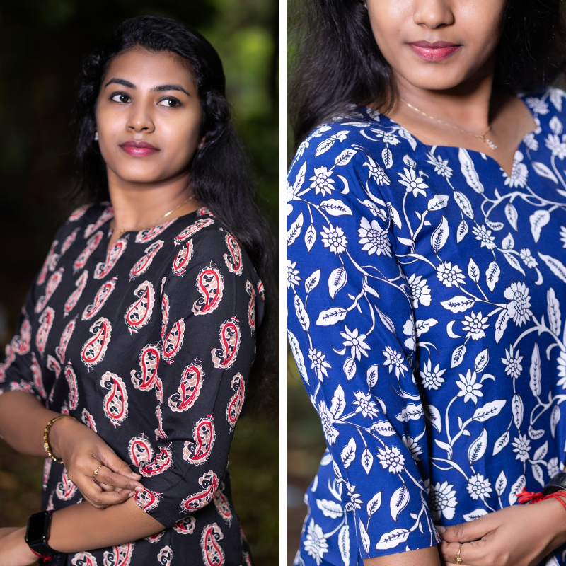 Short Kurti with 3/4th Sleeves & Comfort Fit (Black & Blue) v2