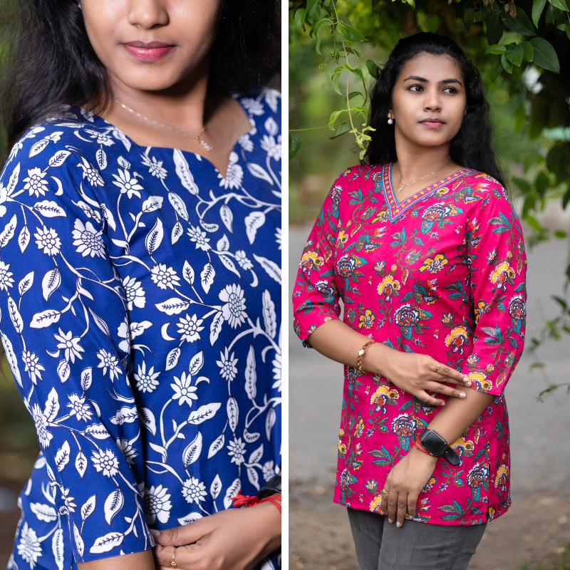 Short Kurti with 3/4th Sleeves & Comfort Fit (Blue & Red)
