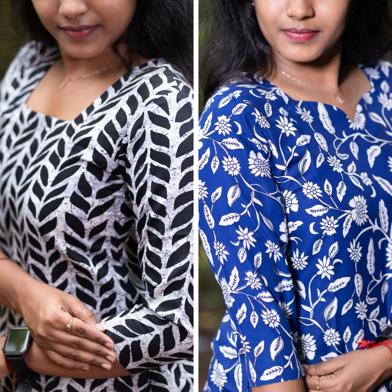 Short Kurti with 3/4th Sleeves & Comfort Fit (White & Blue)