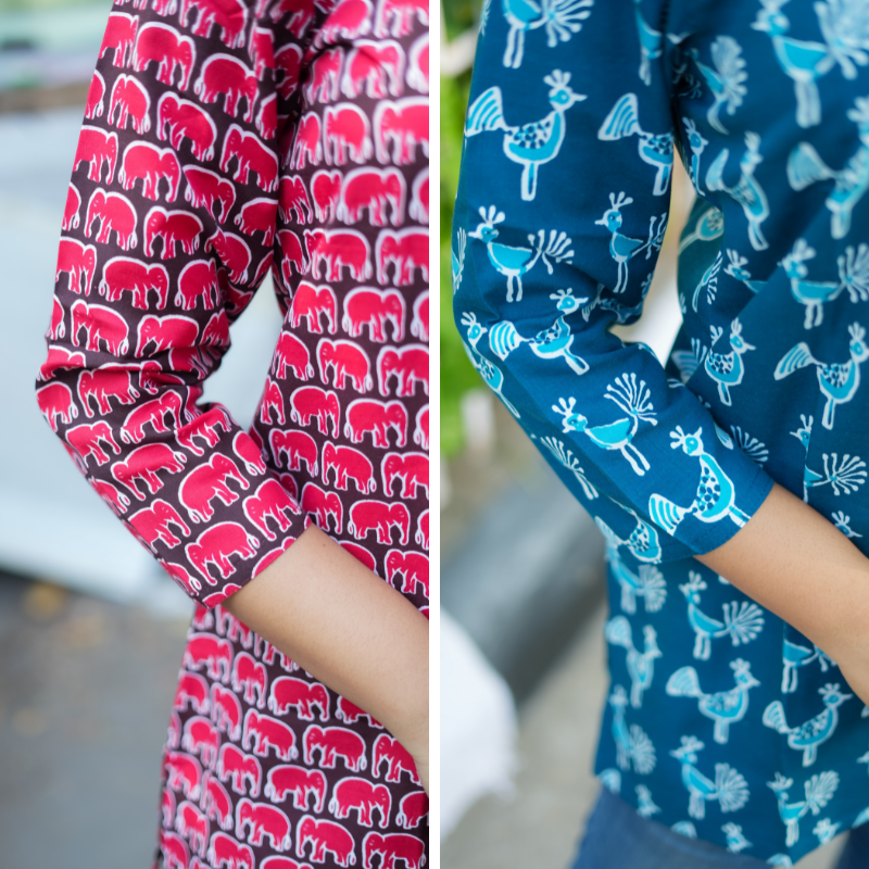 Short Kurti with 3/4th Sleeves & Comfort Fit ( Elephant and Peacock)