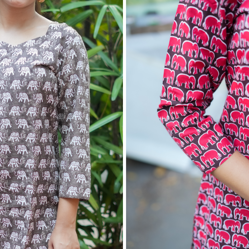 Short Kurti with 3/4th Sleeves & Comfort Fit ( Elephant Design)