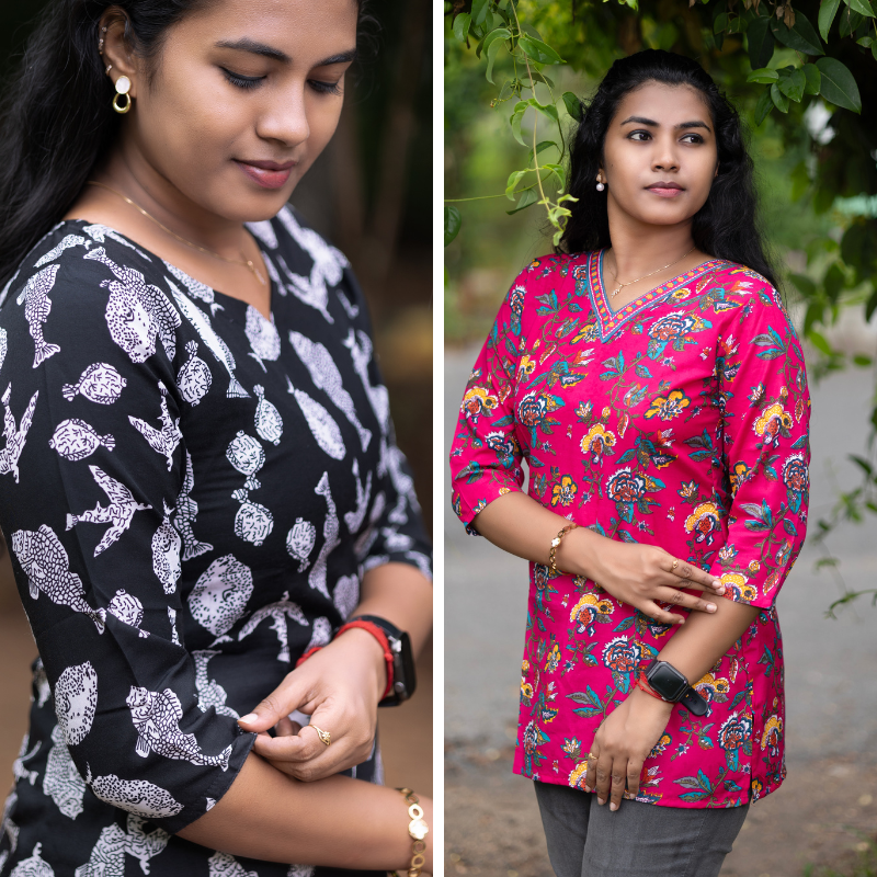 Short Kurti with 3/4th Sleeves & Comfort Fit (Black & Red)