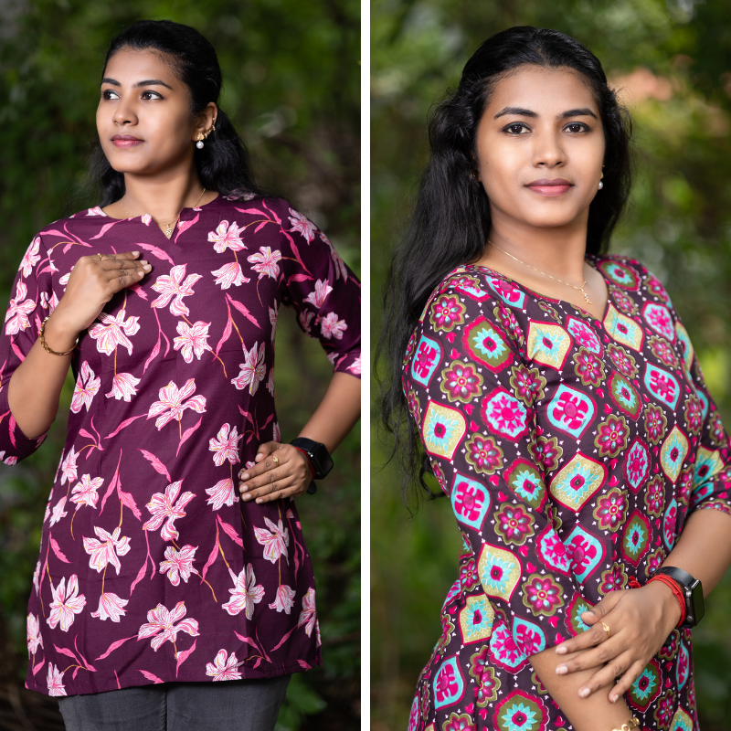 Short Kurti with 3/4th Sleeves & Comfort Fit (Wine & Brown)