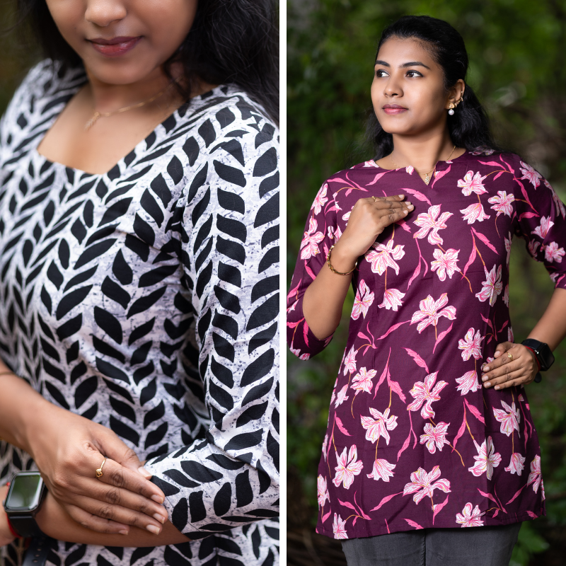 Short Kurti with 3/4th Sleeves & Comfort Fit (White & Wine)