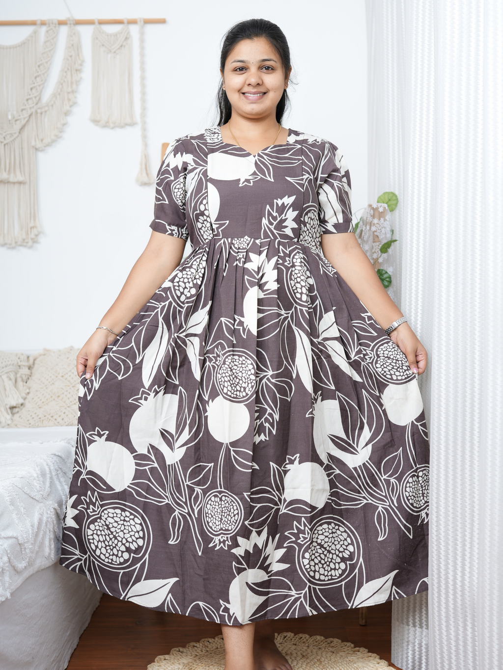 Elegant Brown & Off-White Floral Printed Maternity Kurti