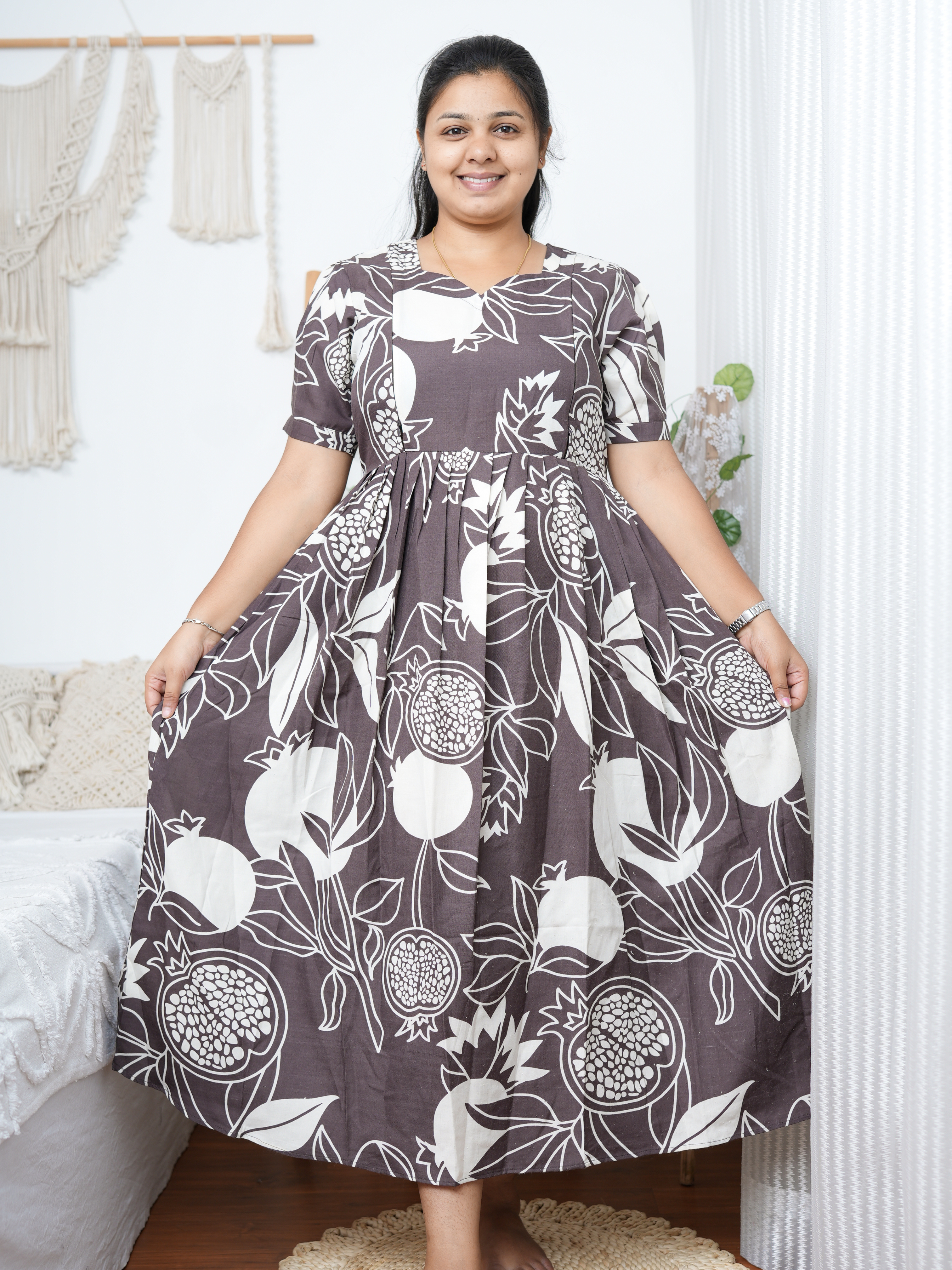 Elegant Brown & Off-White Floral Printed Maternity Kurti