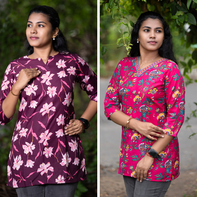 Short Kurti with 3/4th Sleeves & Comfort Fit (Wine & Red)