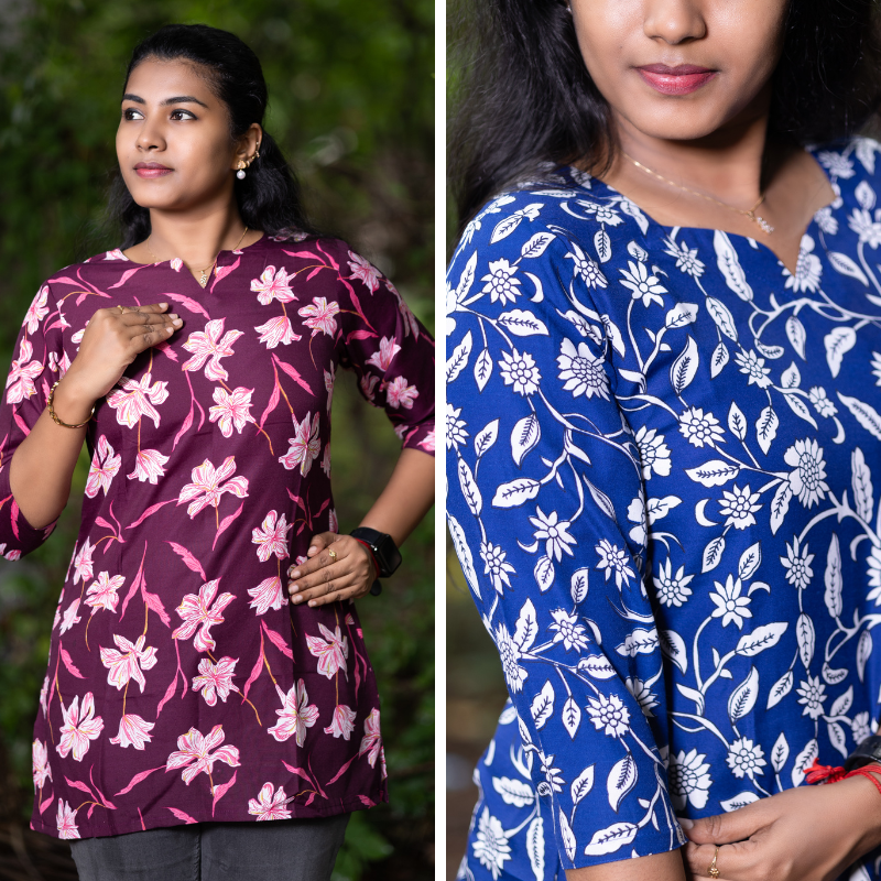 Short Kurti with 3/4th Sleeves & Comfort Fit (Wine & Blue)