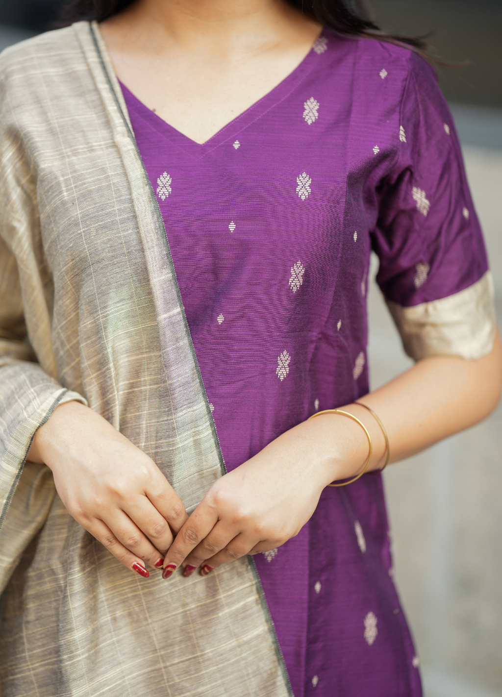 Royal Plum Purple Raw Silk Kurti with Gold Motifs