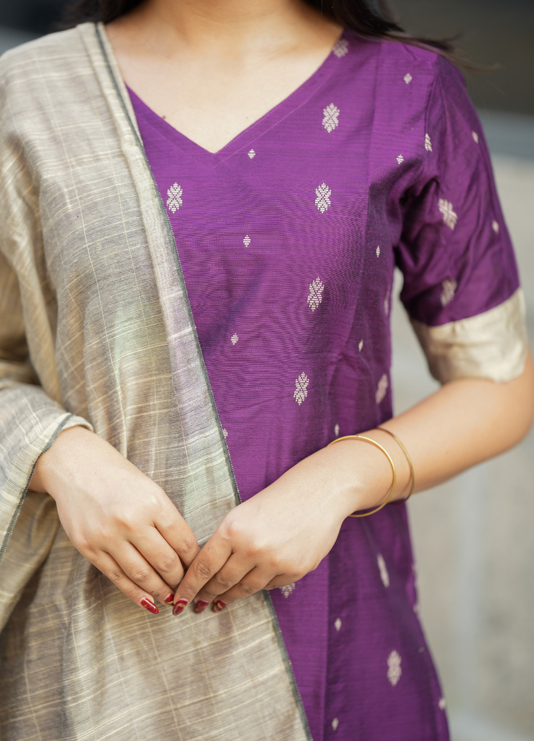 Royal Plum Purple Raw Silk Kurti with Gold Motifs