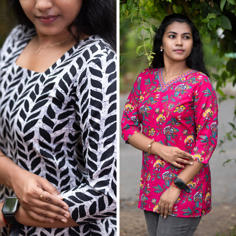 Short Kurti with 3/4th Sleeves & Comfort Fit (White & Red)