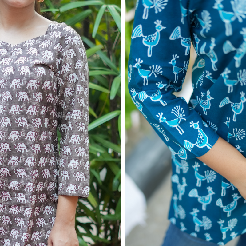 Short Kurti with 3/4th Sleeves & Comfort Fit ( Elephant and Peacock v2)