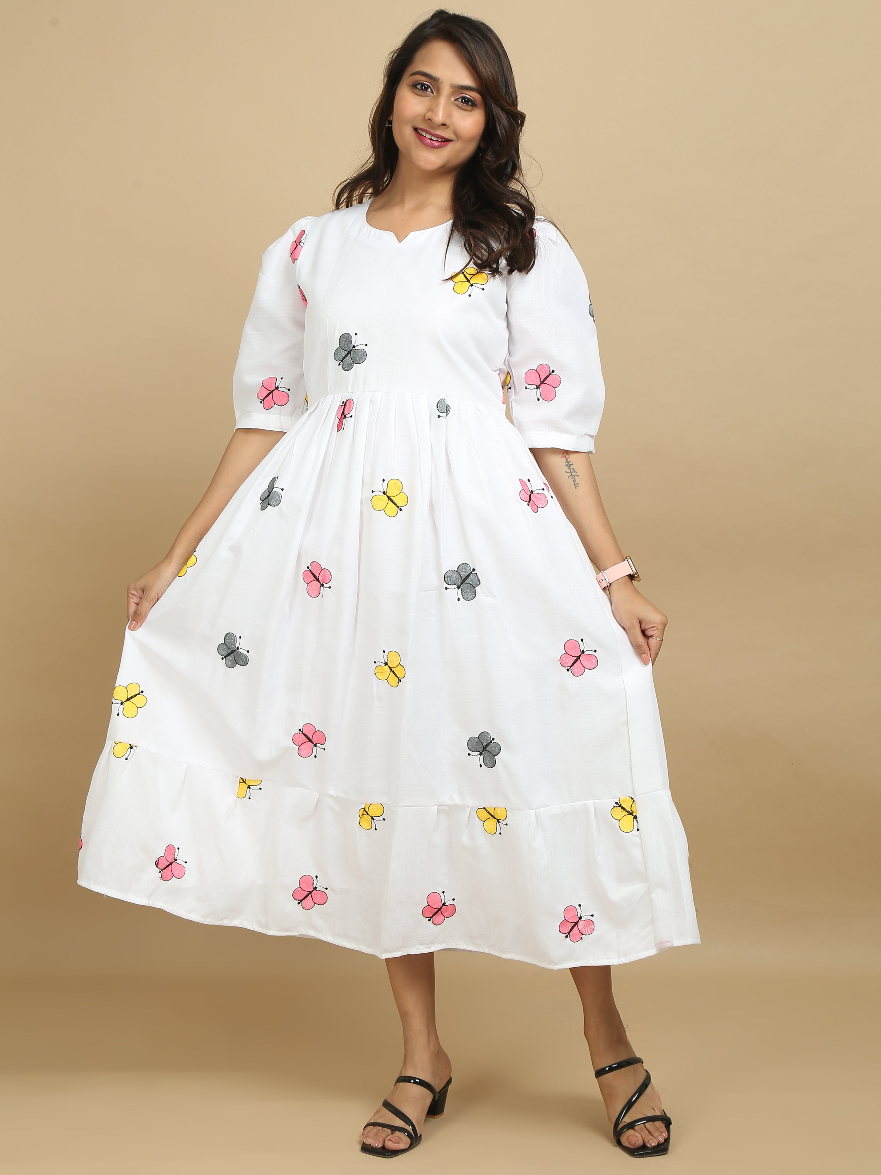 White Butterfly Print Cotton Kurti Dress
