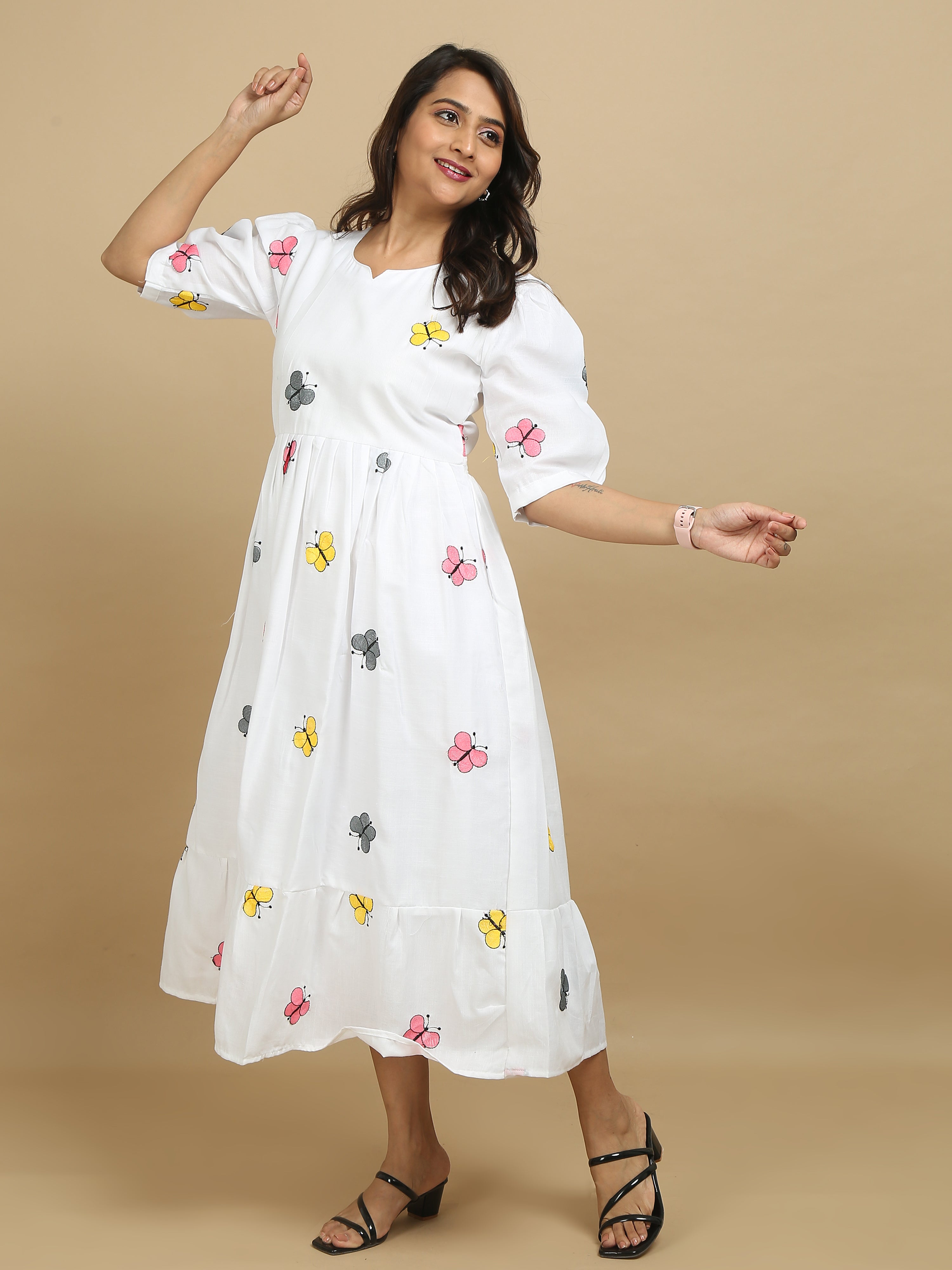 White Butterfly Print Cotton Kurti Dress