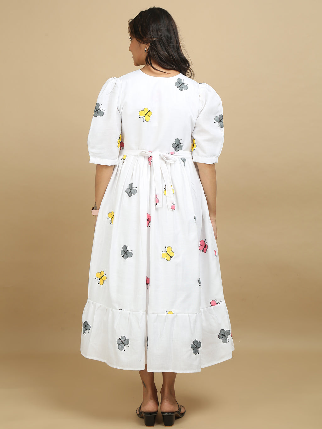White Butterfly Print Cotton Kurti Dress