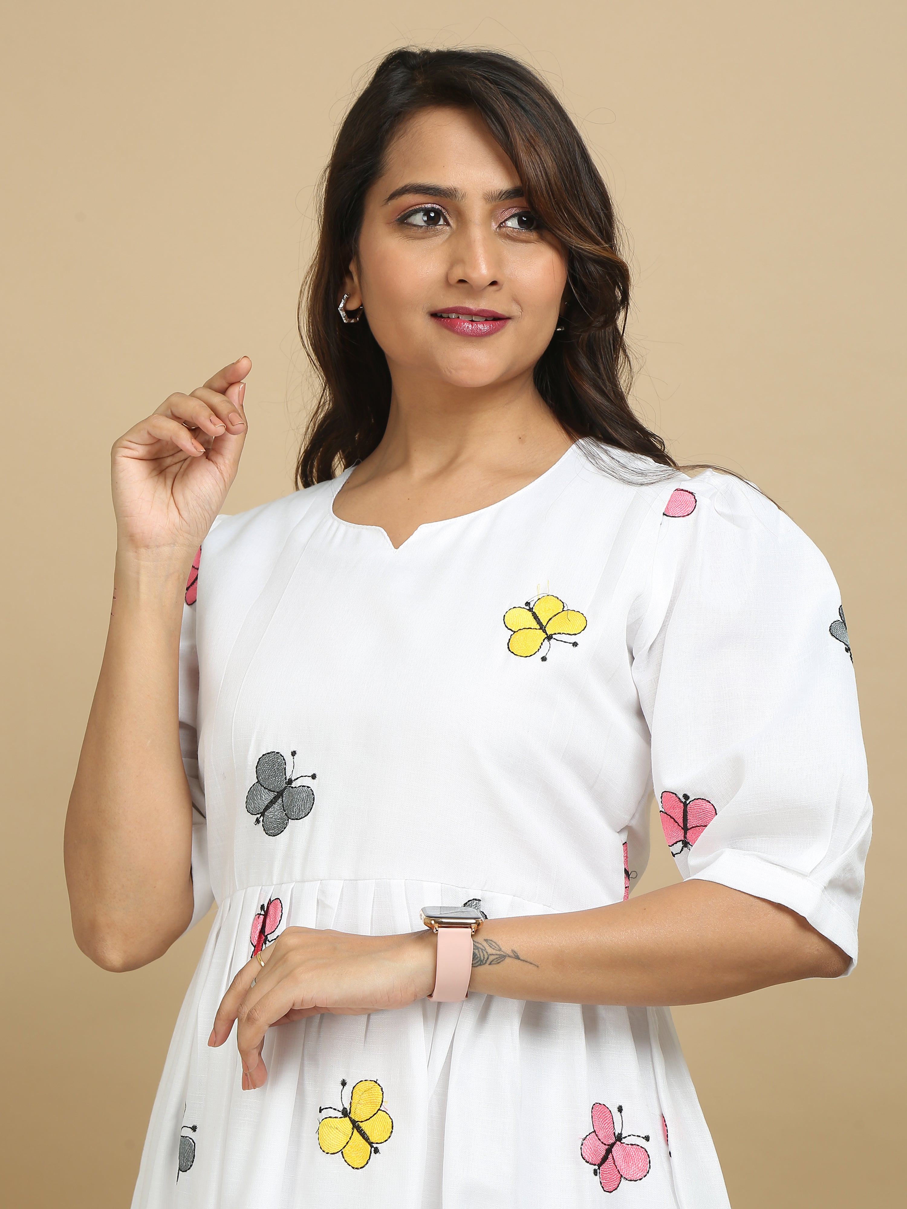 White Butterfly Print Cotton Kurti Dress
