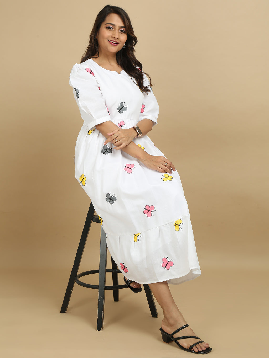 White Butterfly Print Cotton Kurti Dress