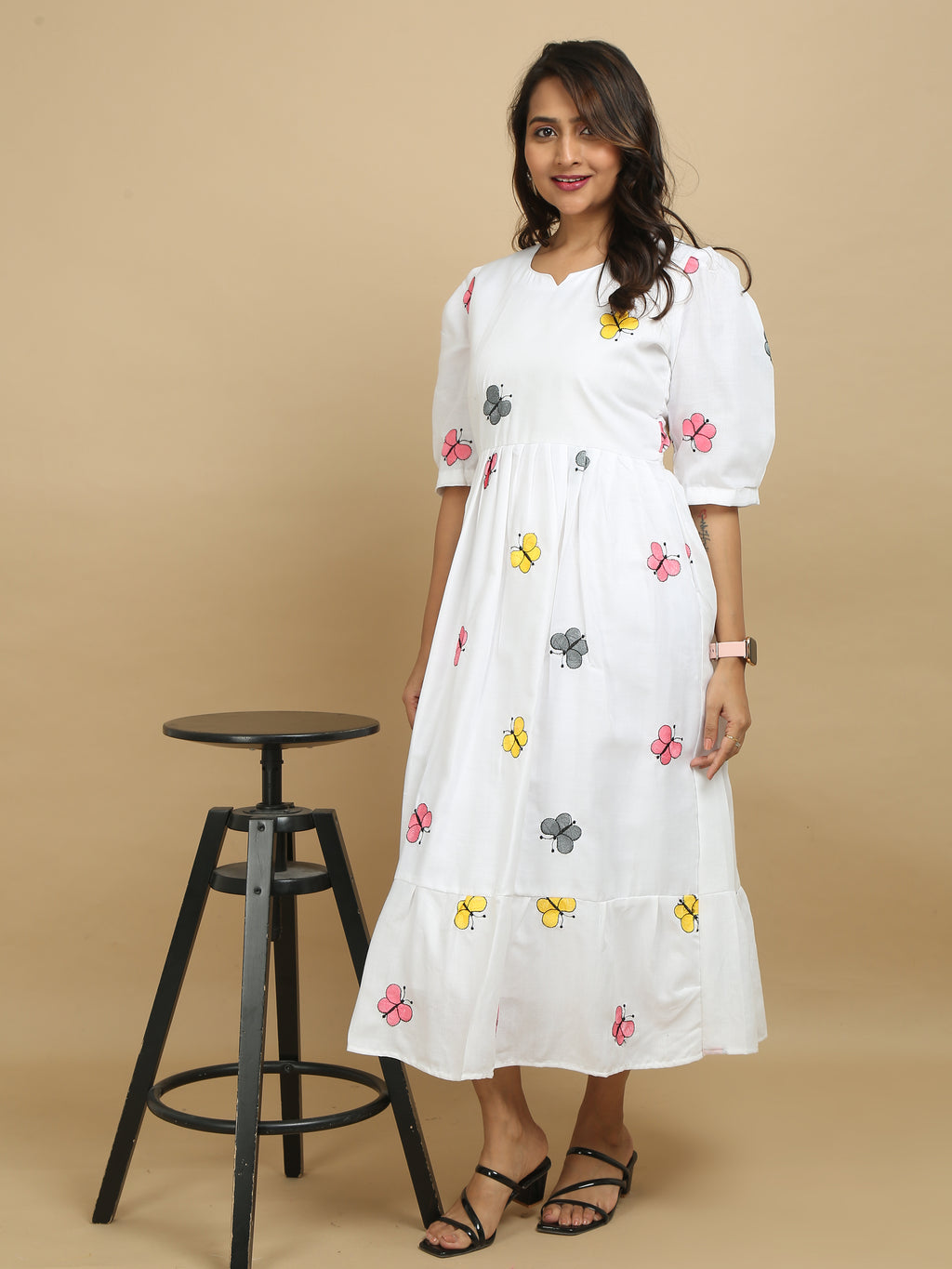 White Butterfly Print Cotton Kurti Dress
