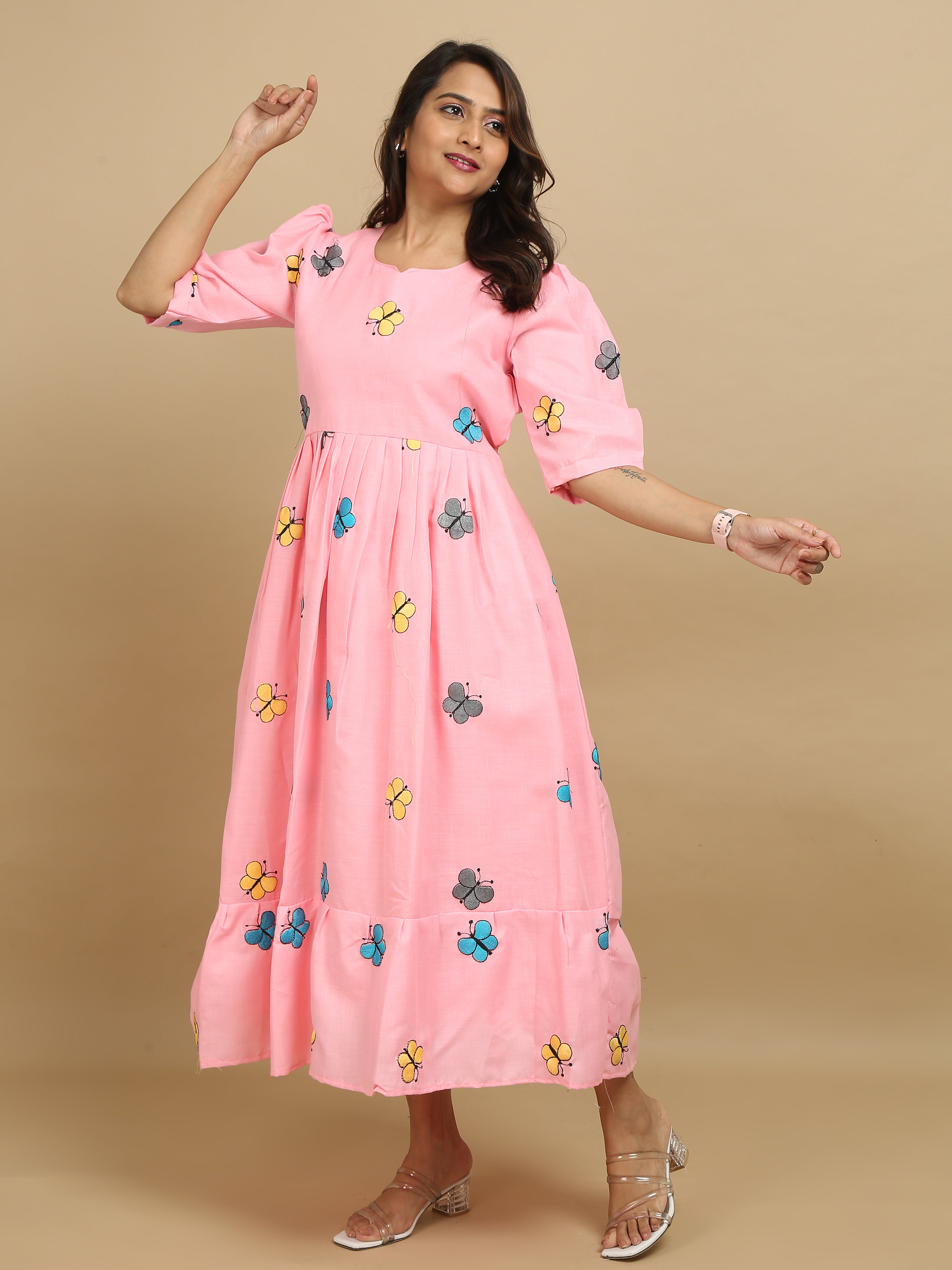 Pink Butterfly Print Cotton Kurti Dress