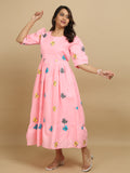 Pink Butterfly Print Cotton Kurti Dress