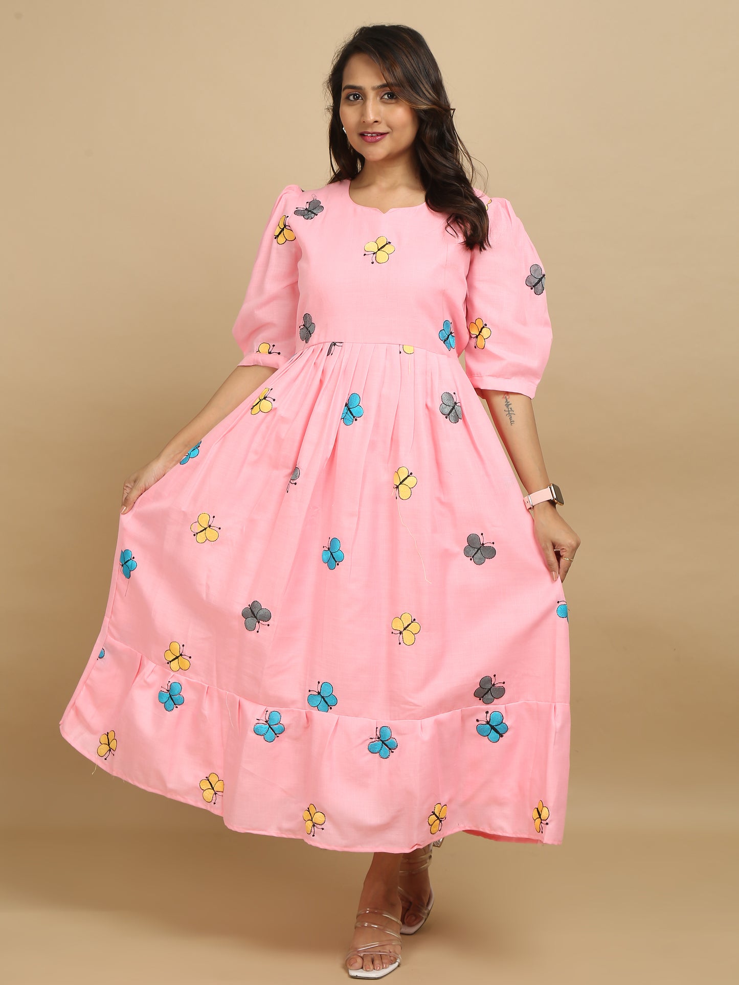 Pink Butterfly Print Cotton Kurti Dress