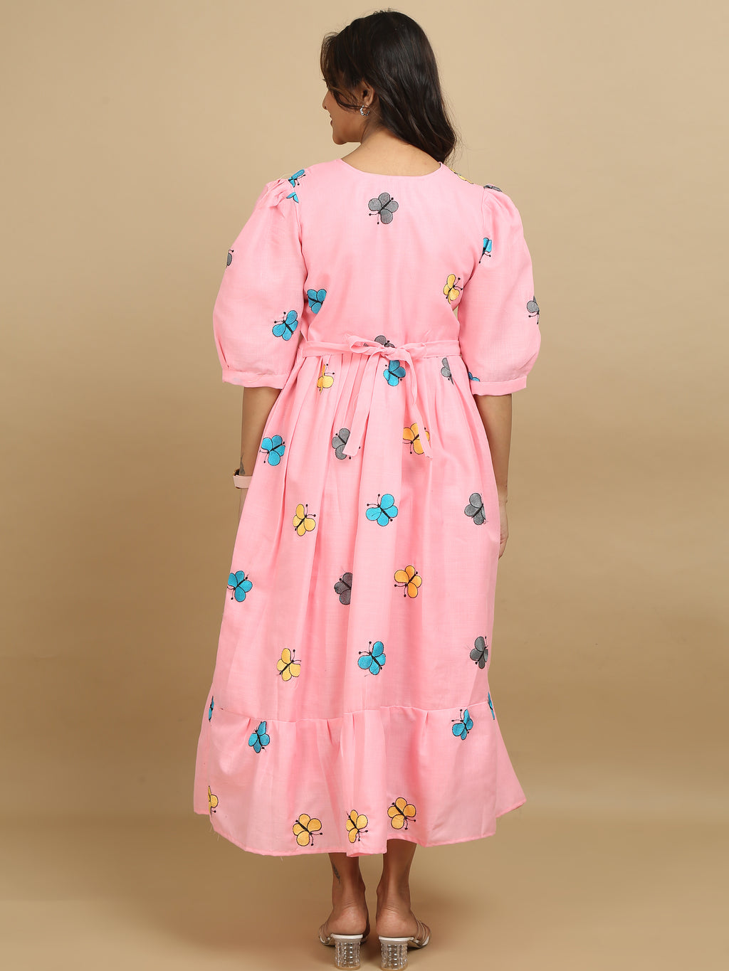 Pink Butterfly Print Cotton Kurti Dress