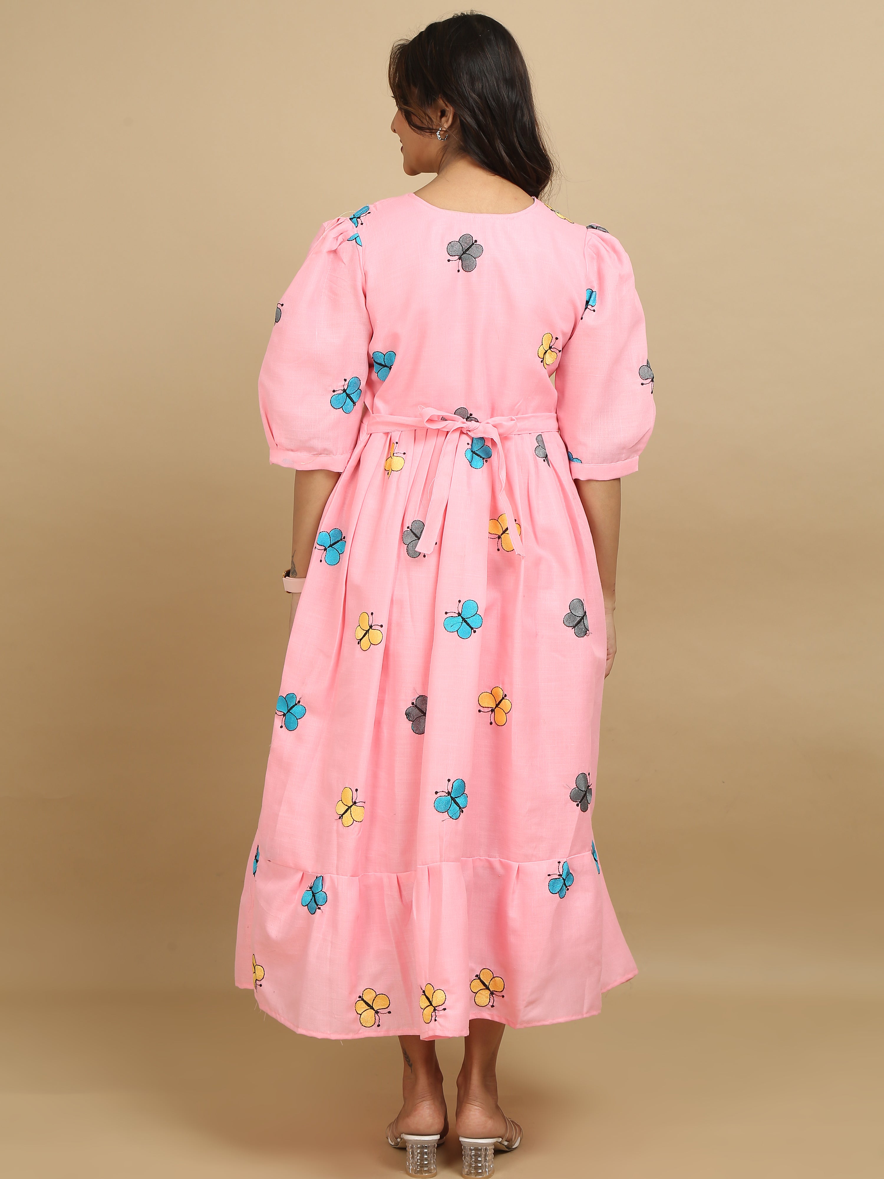 Pink Butterfly Print Cotton Kurti Dress