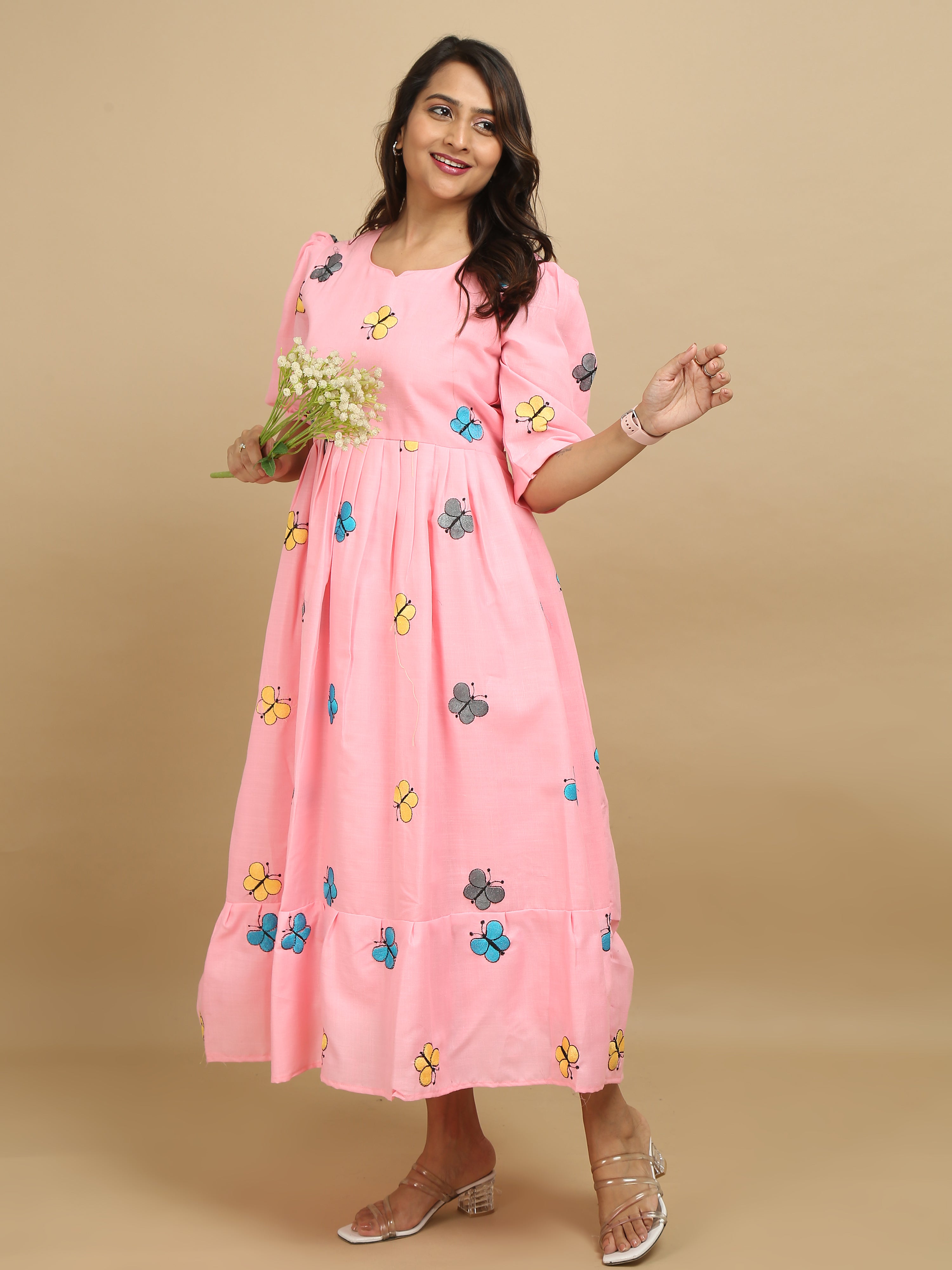 Pink Butterfly Print Cotton Kurti Dress