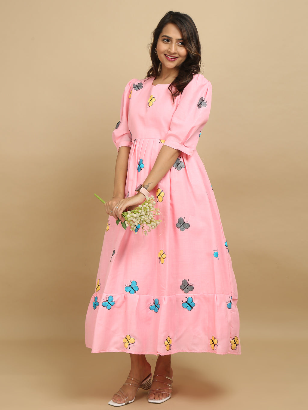 Pink Butterfly Print Cotton Kurti Dress