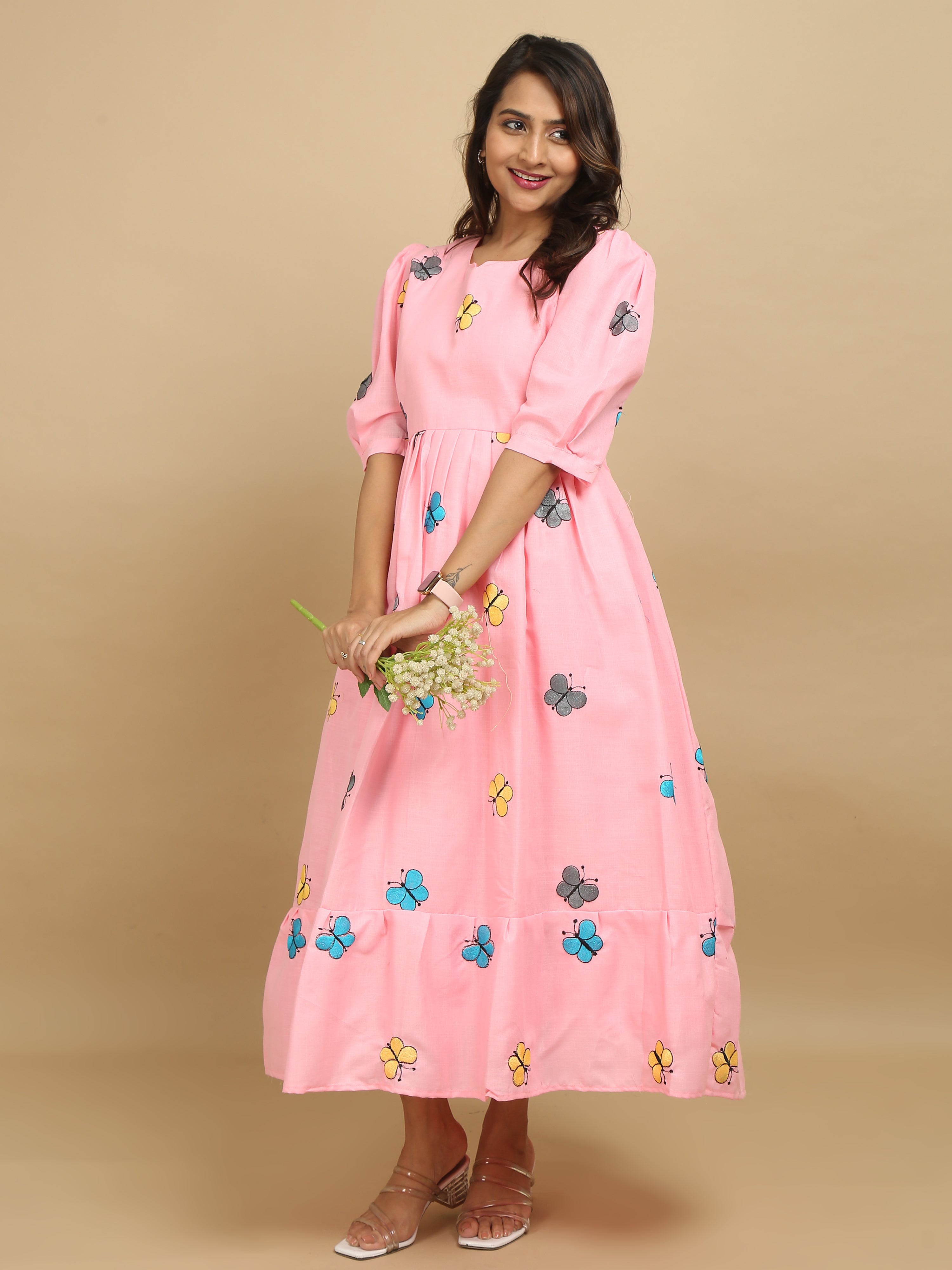 Pink Butterfly Print Cotton Kurti Dress