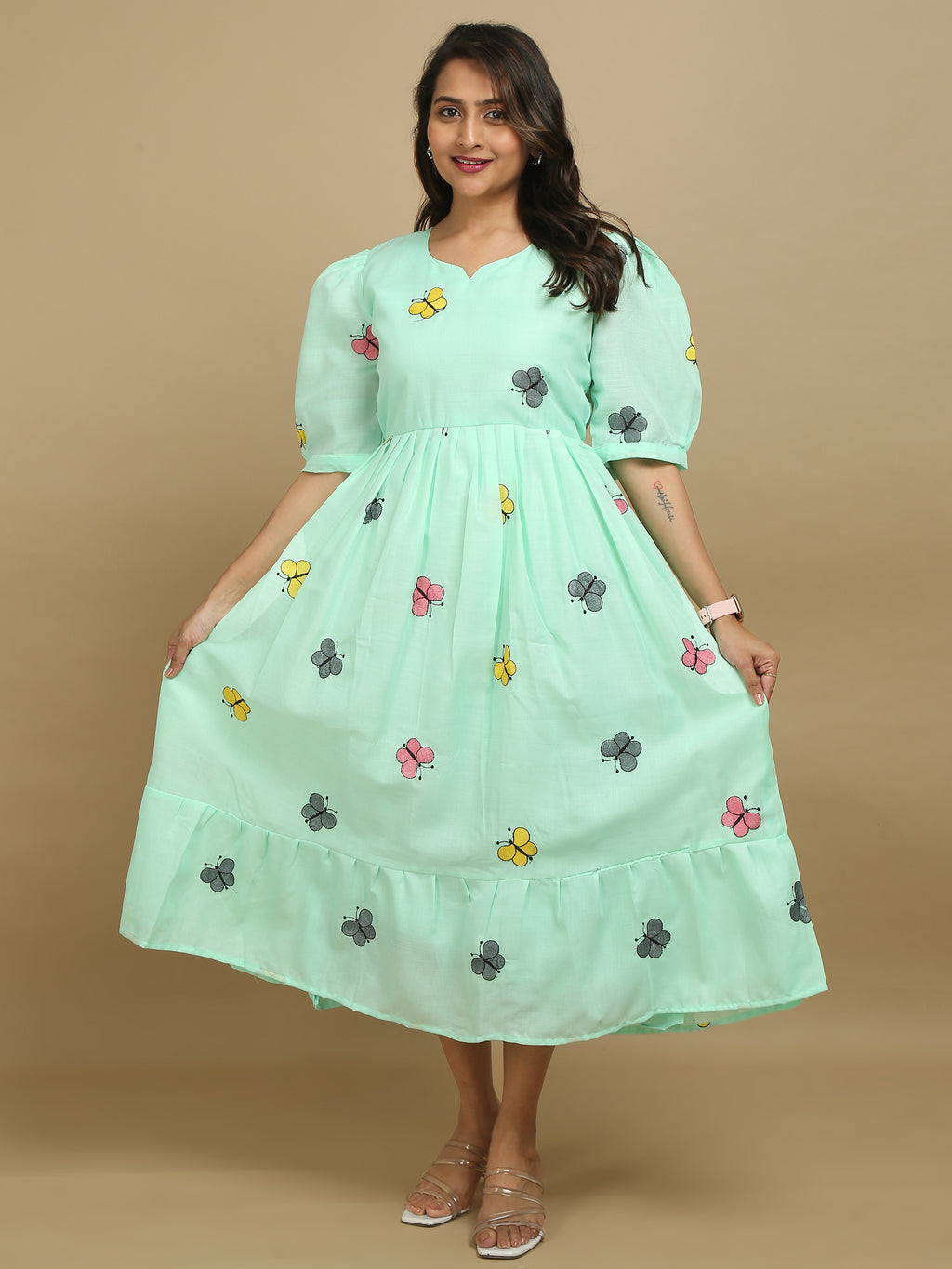 Mint Green Butterfly Print Cotton Kurti Dress
