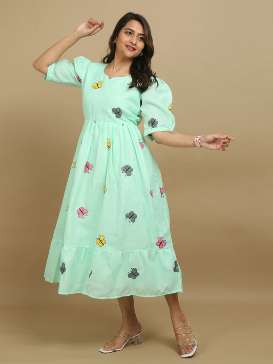Mint Green Butterfly Print Cotton Kurti Dress