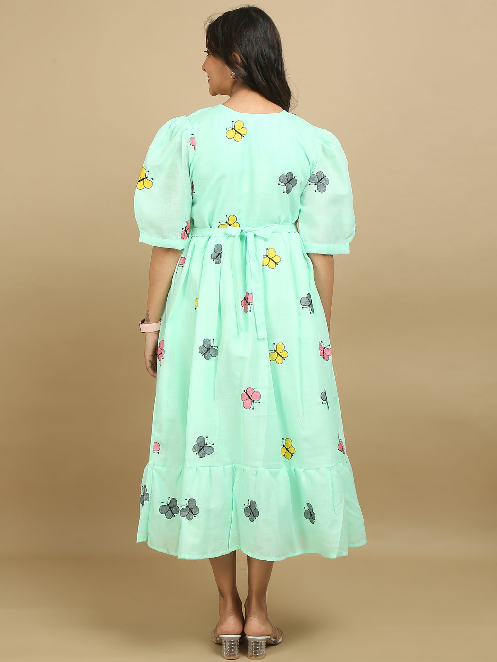 Mint Green Butterfly Print Cotton Kurti Dress