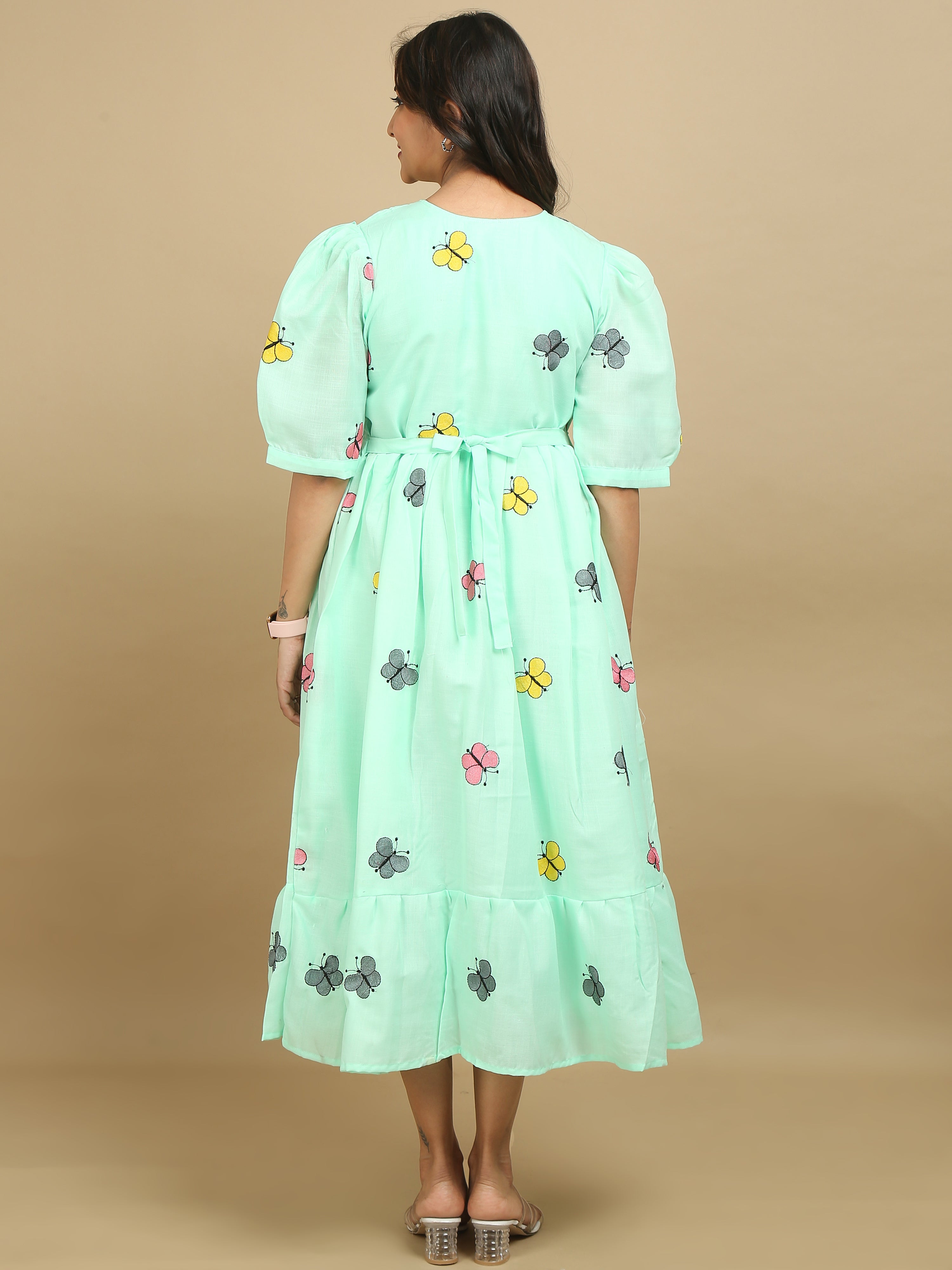 Mint Green Butterfly Print Cotton Kurti Dress