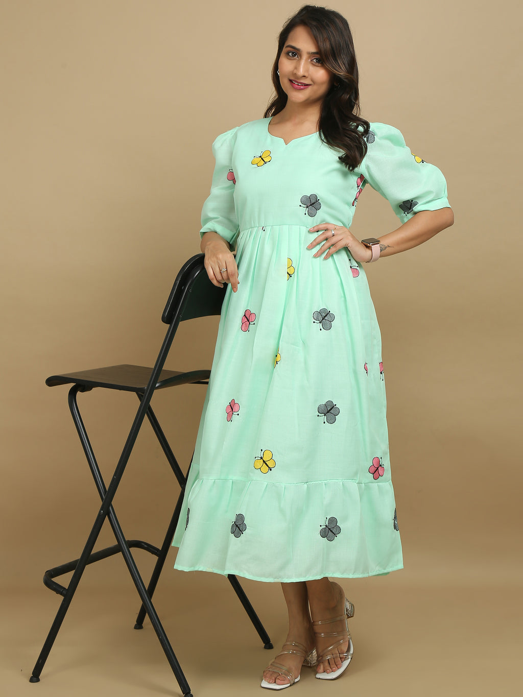 Mint Green Butterfly Print Cotton Kurti Dress