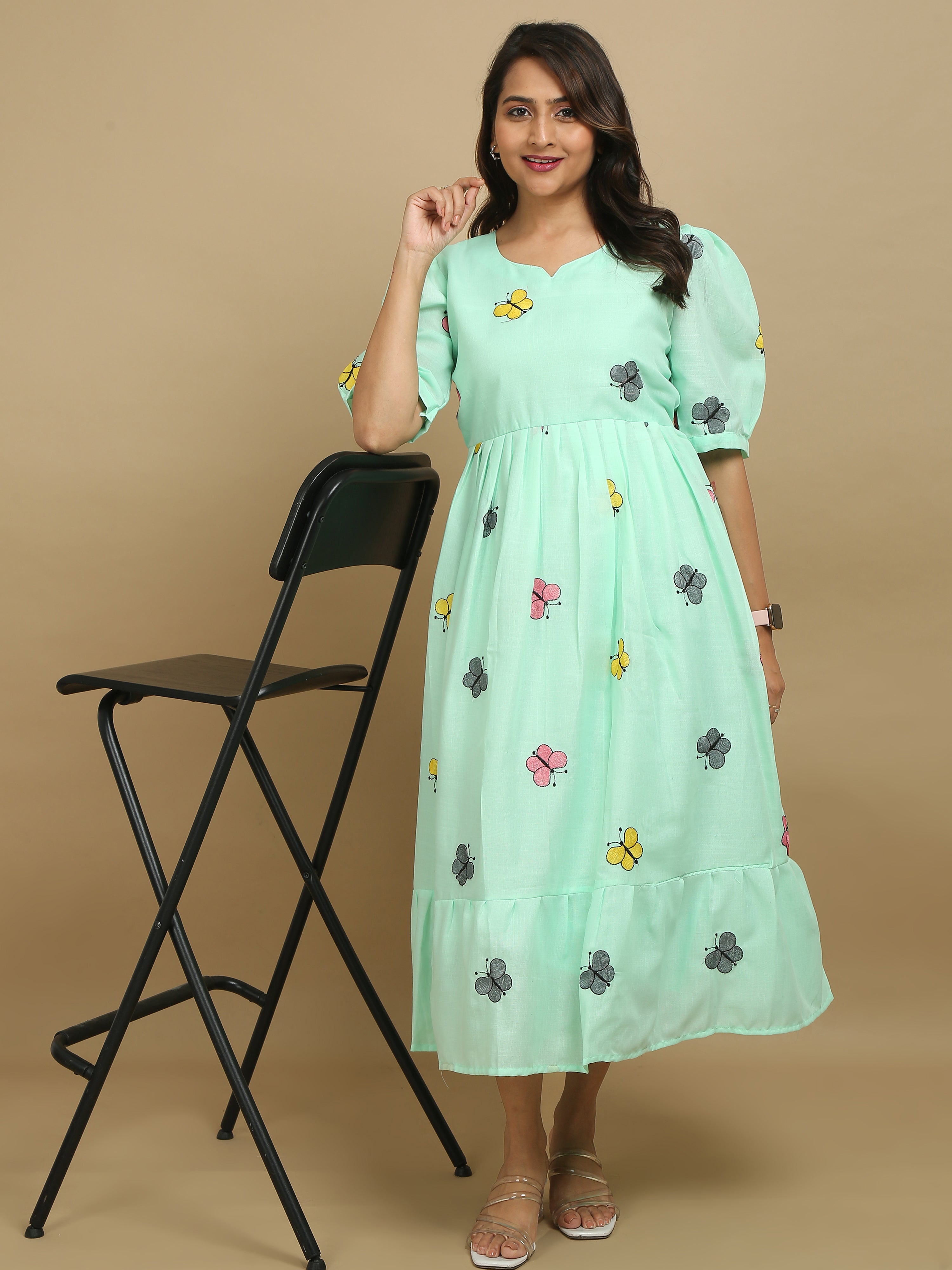 Mint Green Butterfly Print Cotton Kurti Dress