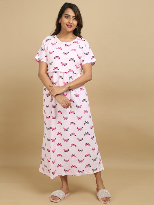 Zipless Feeding Maternity Dress - Blush Pink - Butterfly Print