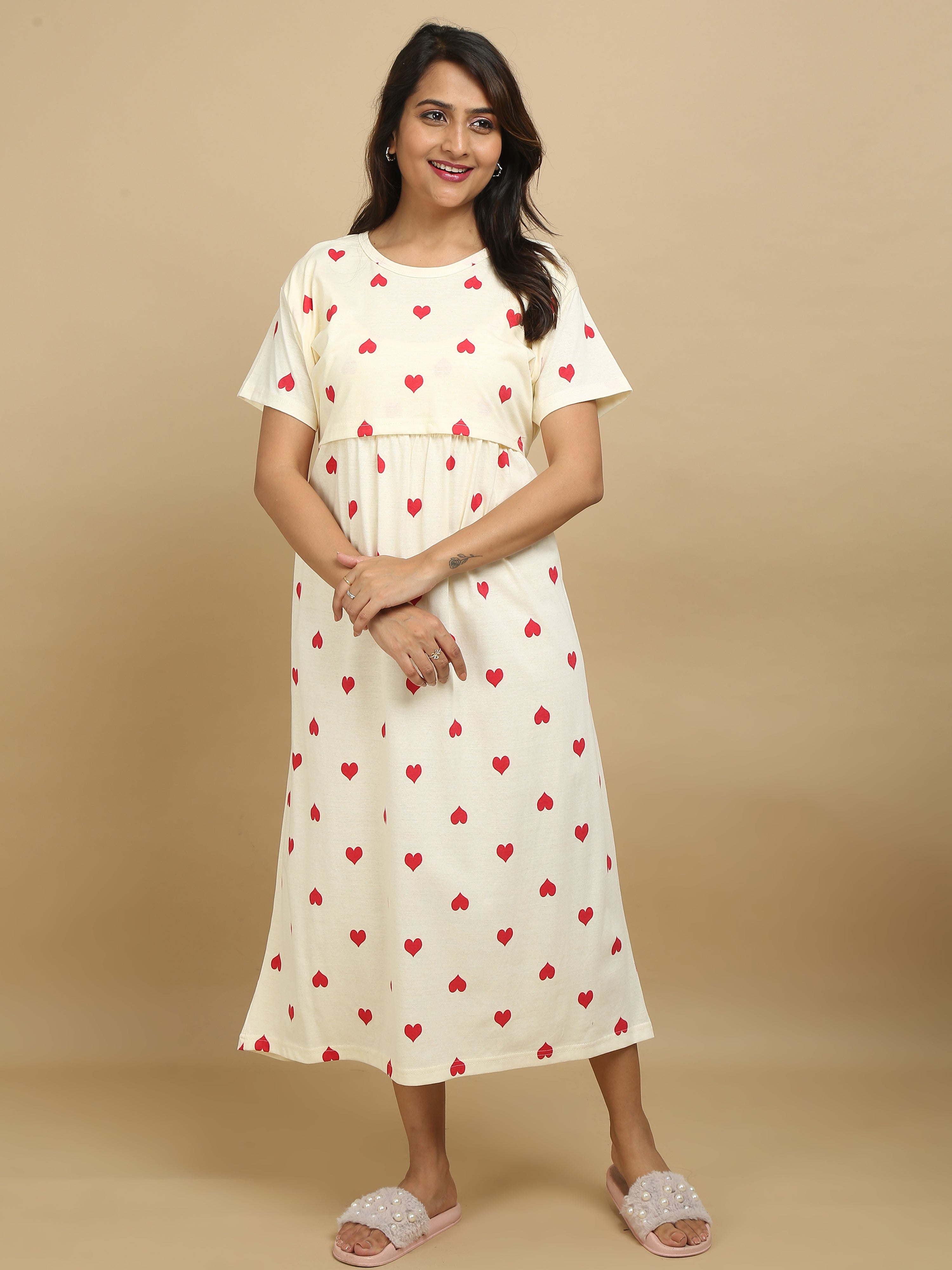 Feeding & Maternity Cream Heart Print Zipless Nightdress