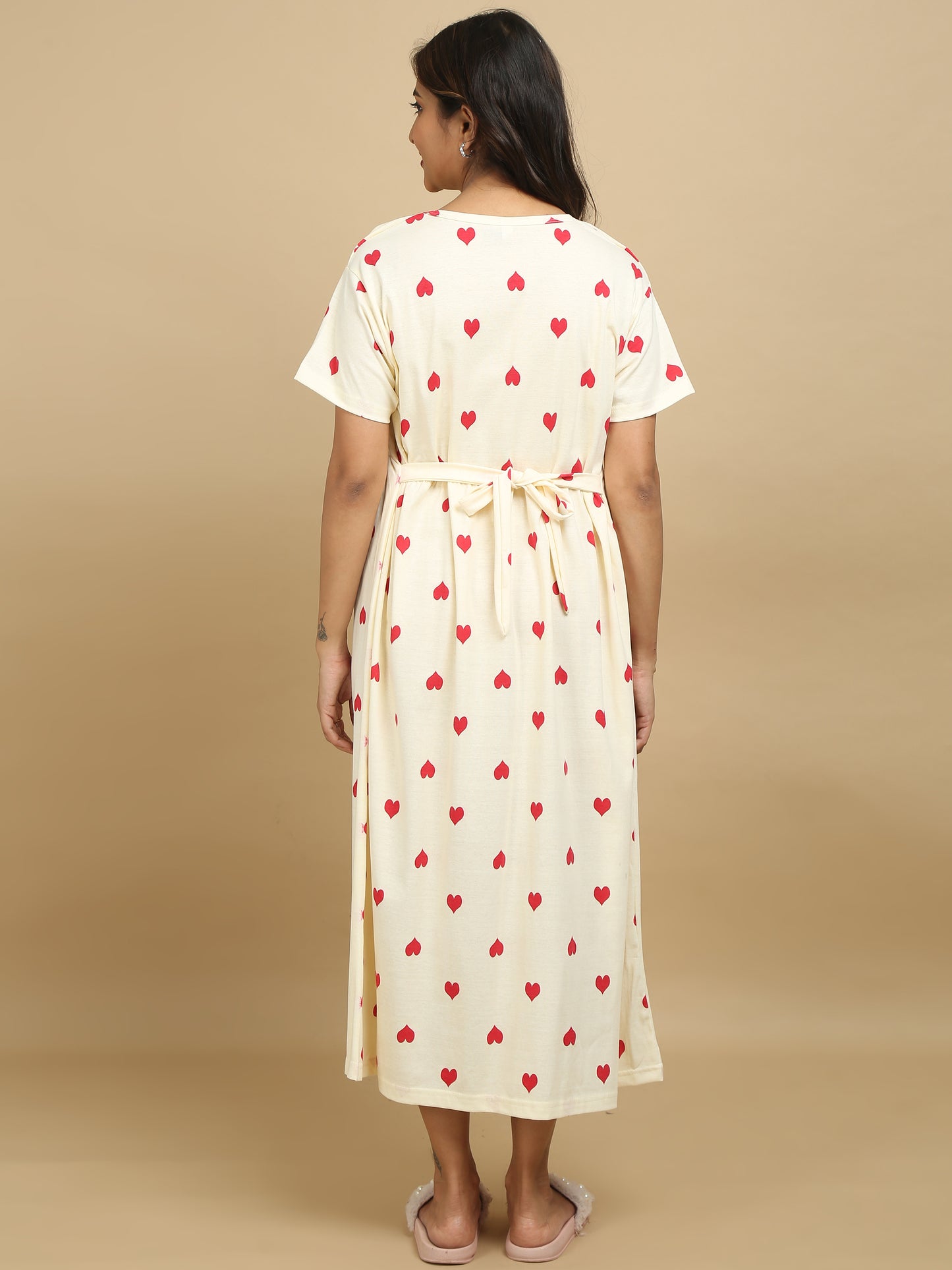 Feeding & Maternity Cream Heart Print Zipless Nightdress