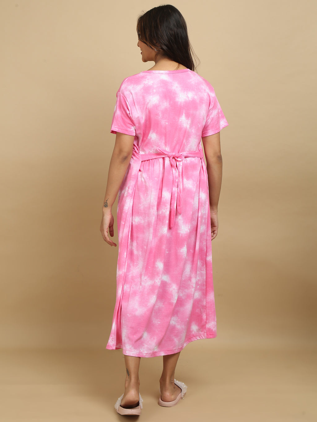 Non Feeding Pink Tie-Dye Daily Wear Casual Midi Dress